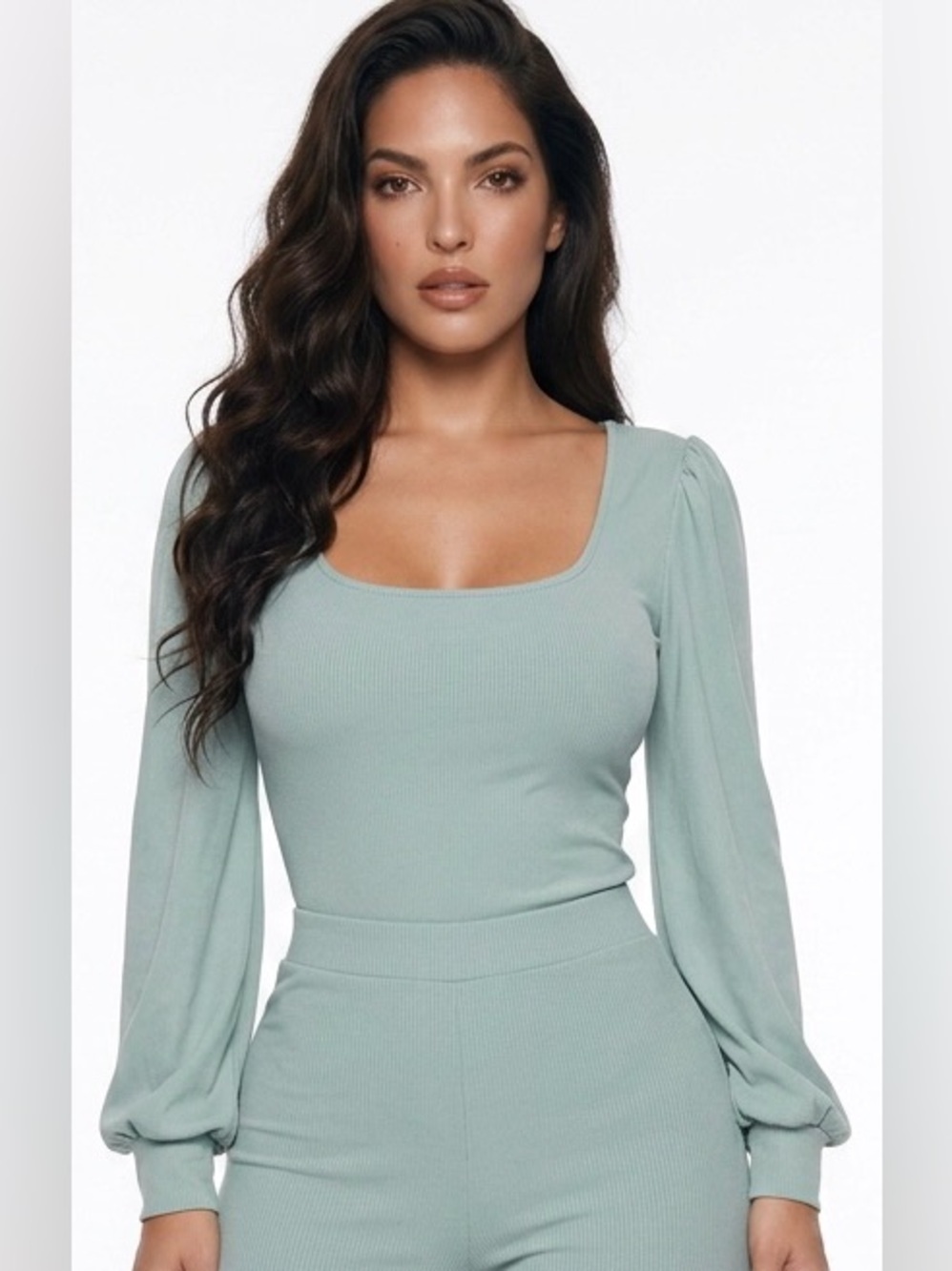Scoop Neck Long Sleeve Top in Sage Green - Picture 5 of 16